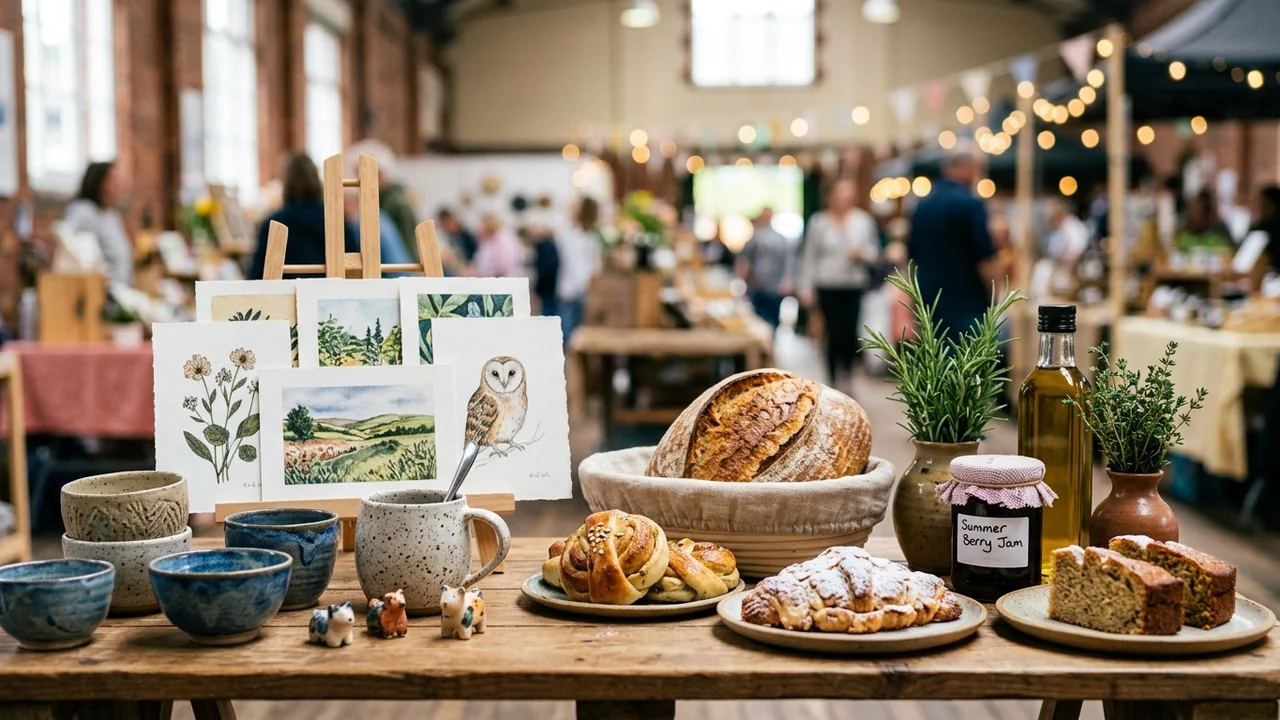 A wooden table displays watercolor paintings, fresh sourdough bread, pastries, and artisanal jarred jam.