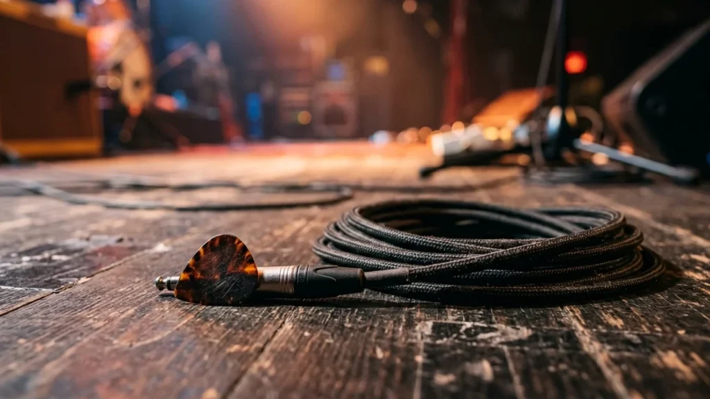 A tortoiseshell guitar pick rests beside a coiled black instrument cable on stage floor.