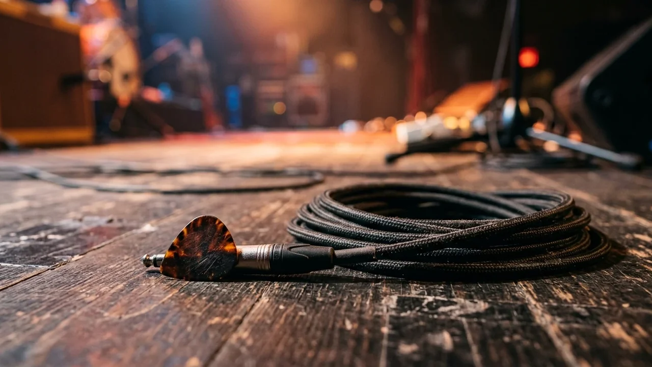A tortoiseshell guitar pick rests beside a coiled black instrument cable on stage floor.