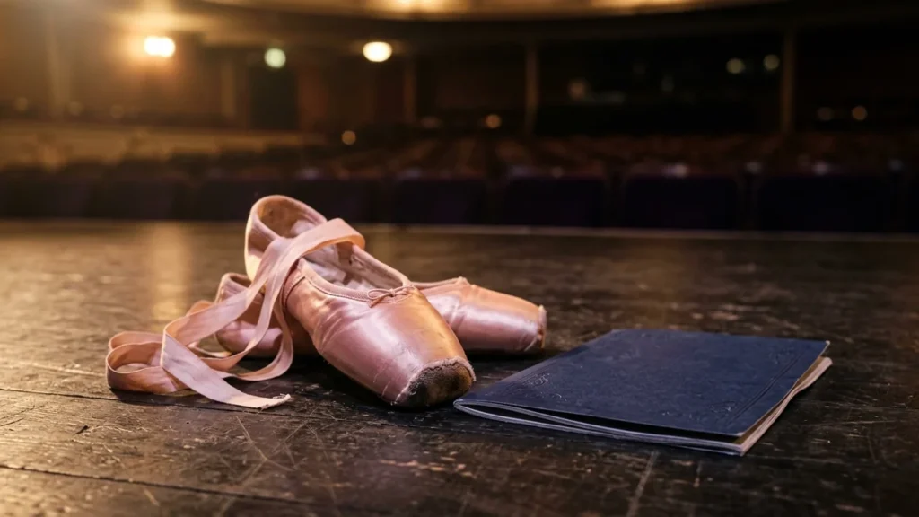 A pair of worn pink satin ballet slippers resting on a dark wooden stage.