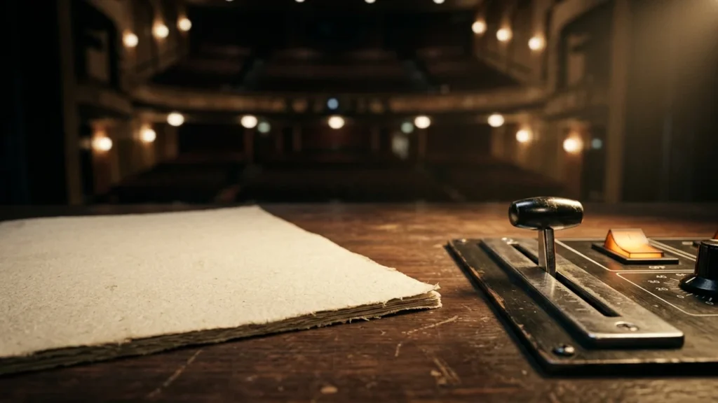 A blank script sits on a wooden stage desk next to lighting control switches.
