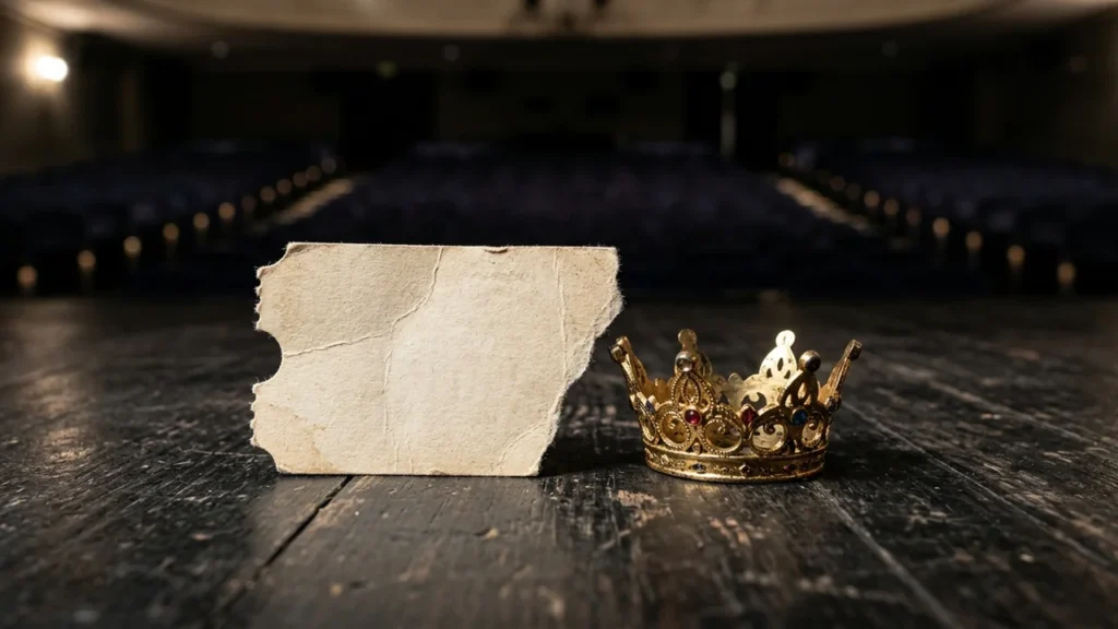 An ornate golden crown sits on a dark wooden stage beside a blank, weathered parchment.