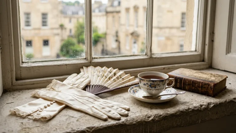 Vintage lace gloves, a folding fan, and a teacup rest on a stone windowsill.