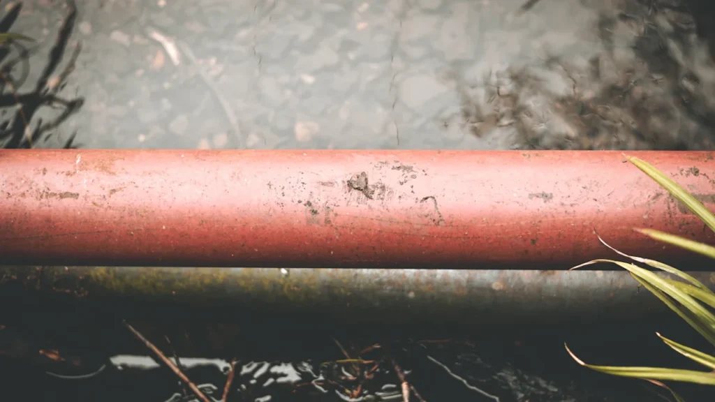 A red pipe laying on the ground outdoors in the United Kingdom.