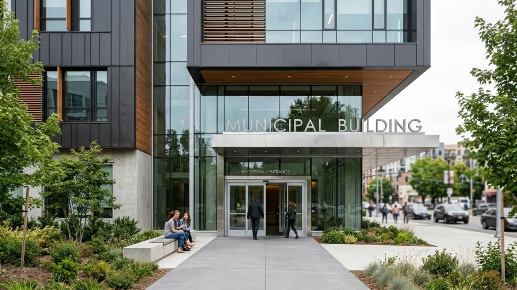 People sit and walk outside the modern glass entrance of a municipal office building.