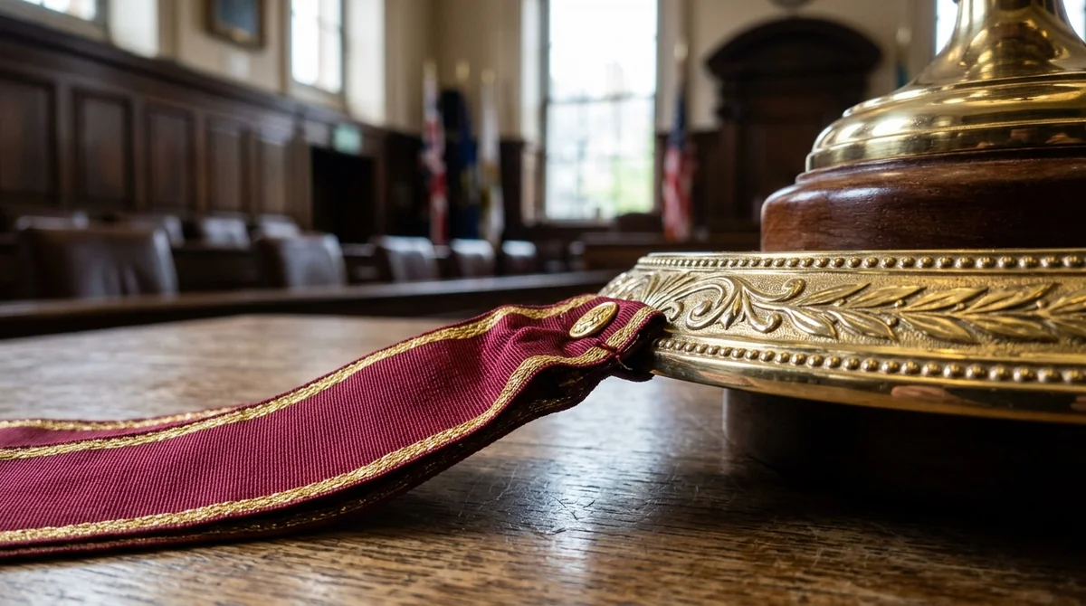 Close-up of a maroon ceremonial sash resting on a wooden courtroom table surface.