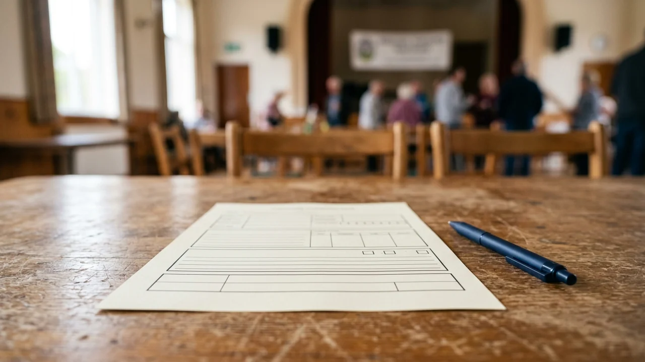 An empty form and a pen sit on a wooden table before a meeting.