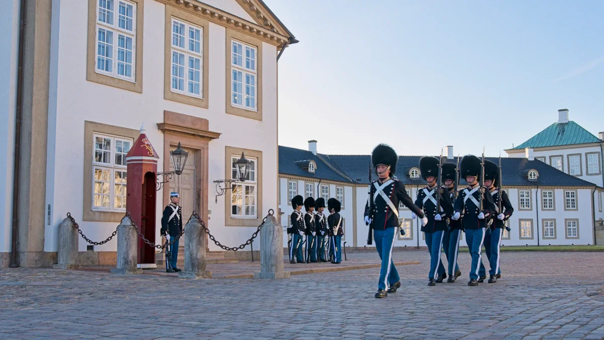 Royal guards marching in front of a historic palace building during a ceremony.