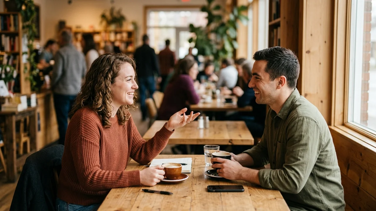 A woman and a man laughing while chatting over coffee in a cafe.