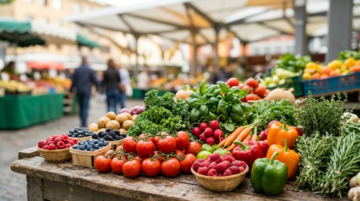 A wooden market table displays fresh tomatoes, bell peppers, berries, and various green herbs.