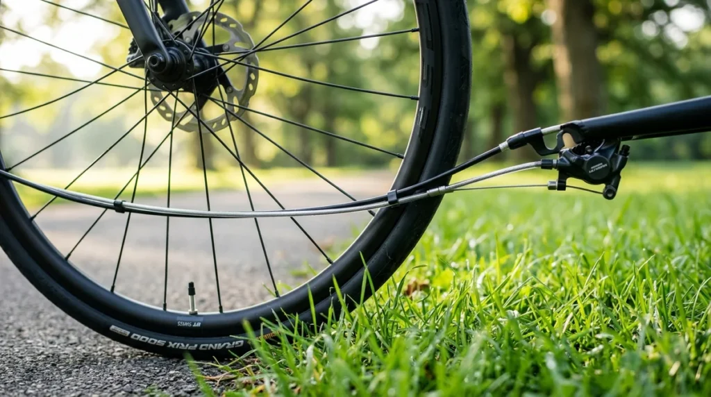 Close-up of a bicycle wheel with a disc brake assembly on a path.