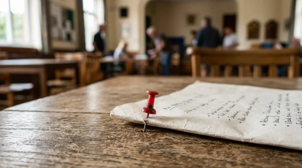 A red pushpin fastens a handwritten document onto a weathered wooden table surface.
