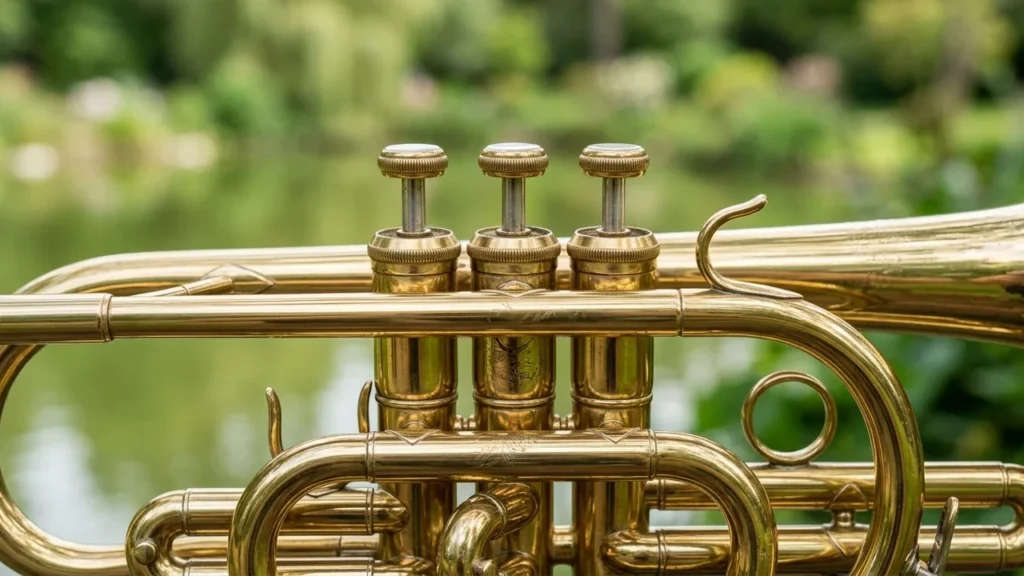 Close-up view of a polished brass cornet against a blurred green park background.
