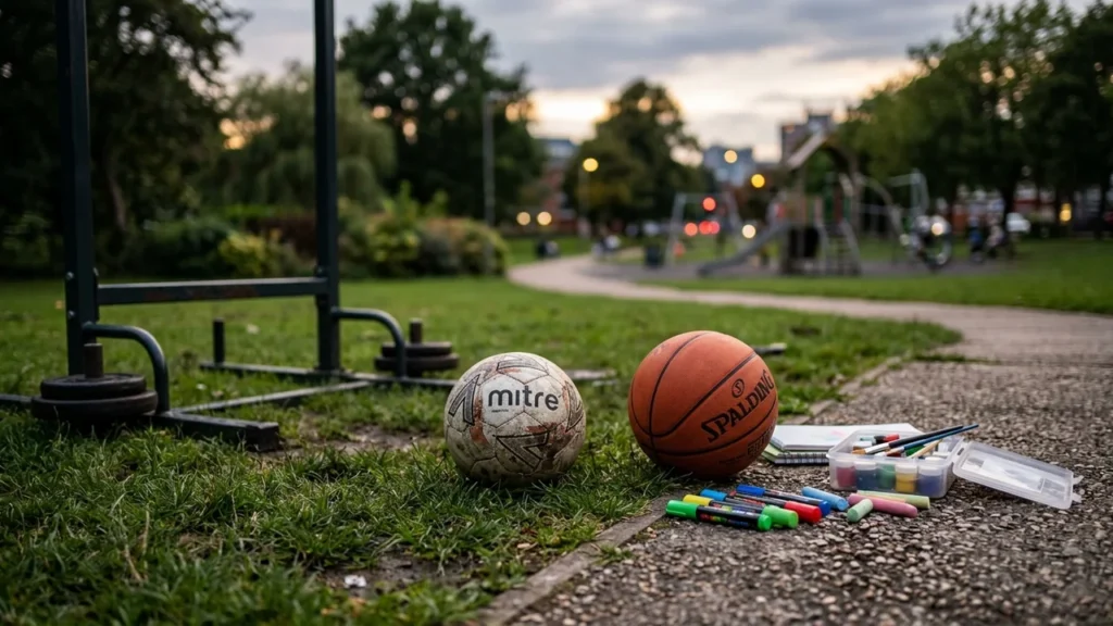 A worn soccer ball and basketball sit on grass near art supplies and a playground.