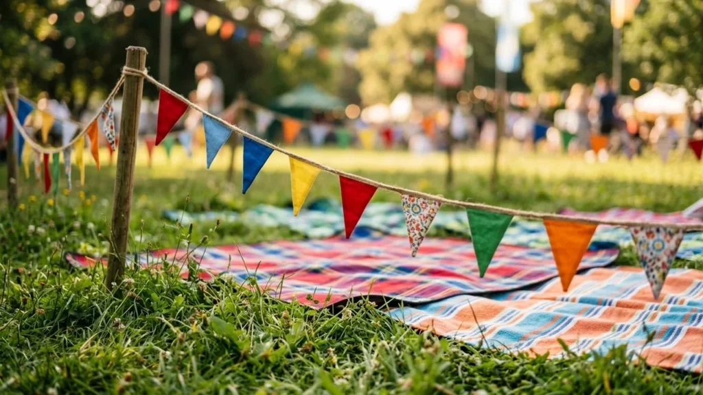 Colorful triangular bunting flags hanging over a plaid picnic blanket in a sunny park.