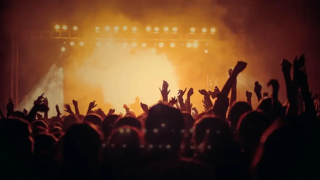 Silhouetted crowd with raised hands at an outdoor concert with bright stage lighting.