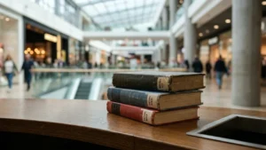 A stack of three old library books sits on a wooden table inside a mall.