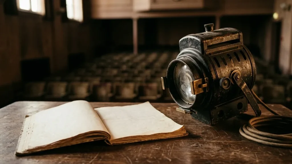 An old vintage spotlight and an open antique book sit on a wooden table.