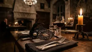 A black lace masquerade mask sits on a rustic wooden dining table with candlelight.