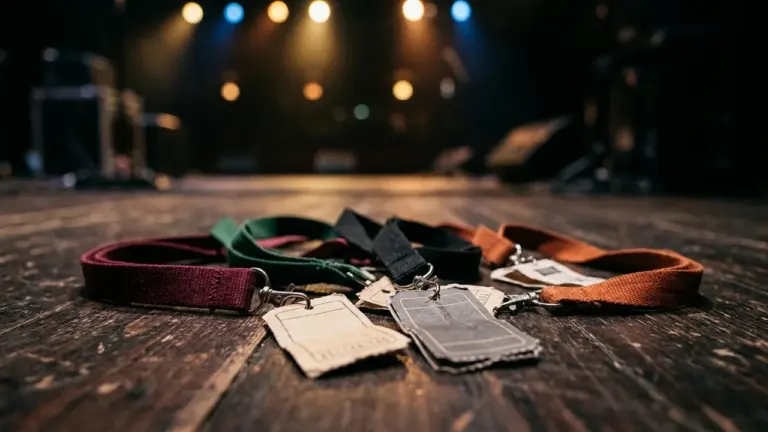 Several colorful fabric lanyards with blank identity tags resting on a dark wooden stage.