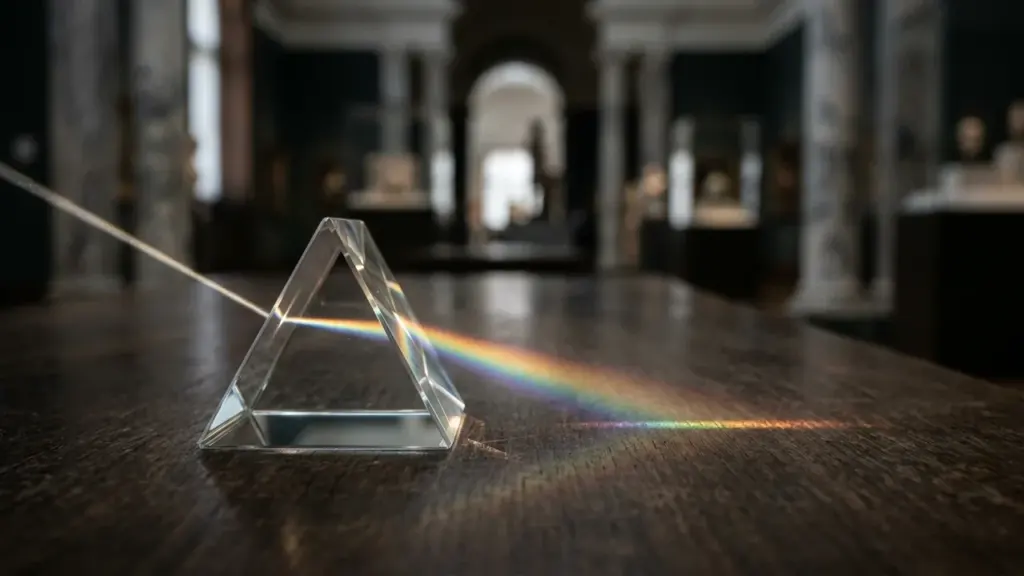 A triangular glass prism on a wooden table dispersing white light into a rainbow.