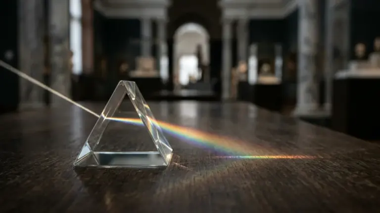 A triangular glass prism on a wooden table dispersing white light into a rainbow.
