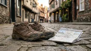 A pair of worn hiking shoes and a Norwich city map on cobblestone street.