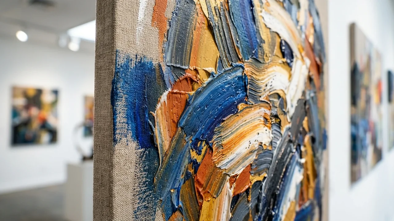 Close-up of thick textured oil painting strokes displayed on a linen gallery canvas.