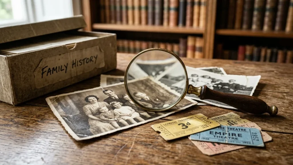A magnifying glass rests on vintage family photos beside a box labeled Family History.