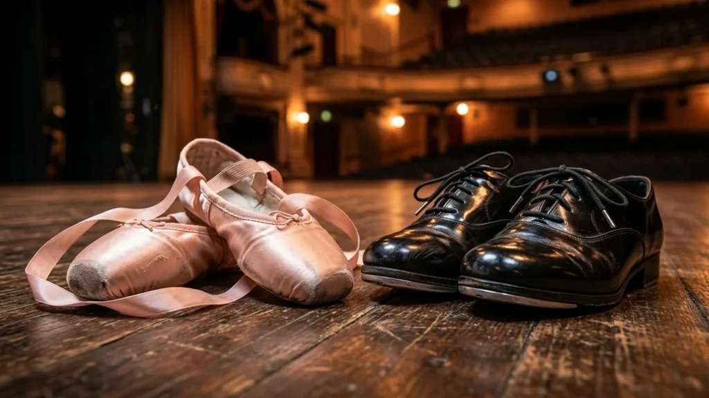 Pink worn-out ballet slippers beside black tap shoes on a wooden theater stage.