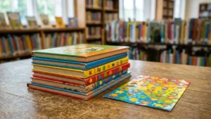 A stack of colorful children's books and a sticker sheet on a wooden library table.