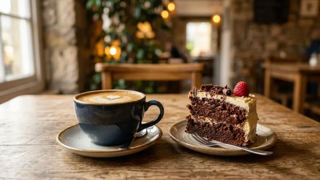 A cup of coffee with latte art beside a chocolate cake on a wooden table.