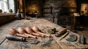 Engraved clay pipes and metal crafting tools resting on a rustic wooden workshop table.