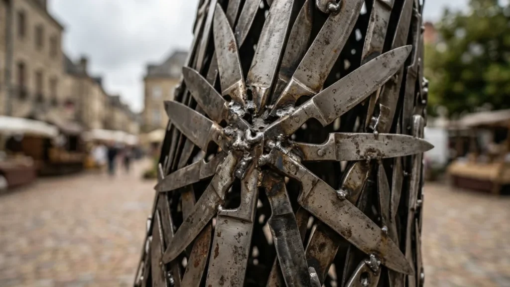 Close-up of a metal sculpture made from many knives welded together in public square.