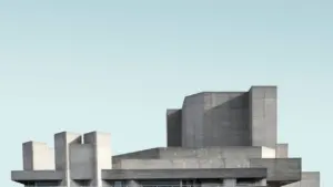 Iconic brutalist concrete architecture at the National Theatre in London, UK.
