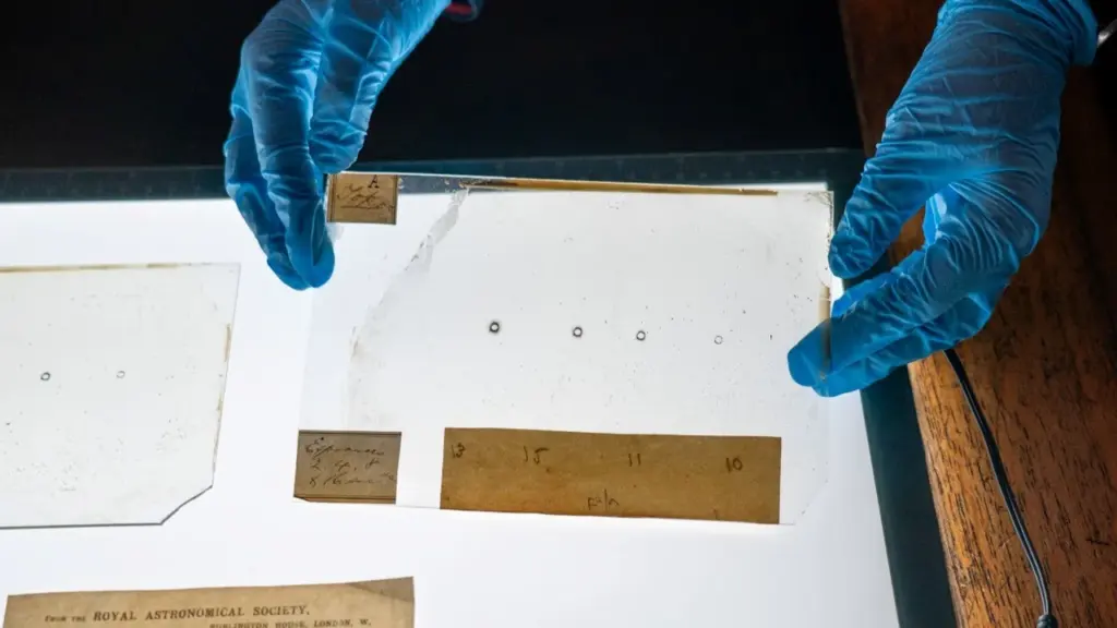 Person wearing blue medical gloves holds a glass photographic plate of an 1875 eclipse.