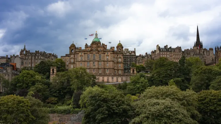The ornate architecture of The Scotsman building in Edinburgh city center.