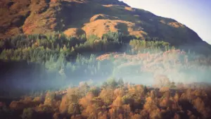 Aerial view of a misty, forested Scottish mountain landscape at Loch Eil.