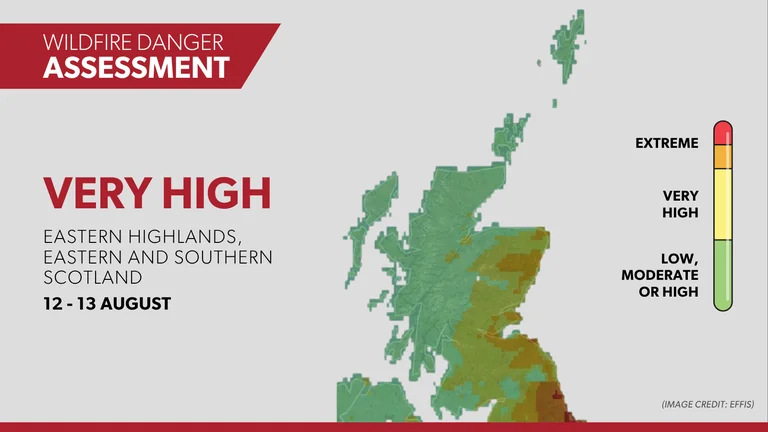 Very high wildfire risk covers eastern and southern Scotland