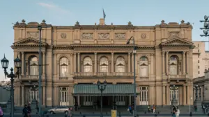 Grand historic stone architecture of a cultural building in Buenos Aires, Argentina.