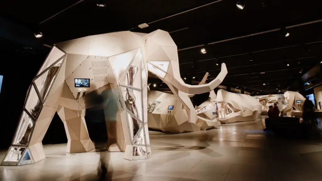A low-poly geometric mammoth sculpture with glass panels displaying real fossilized leg bones inside.