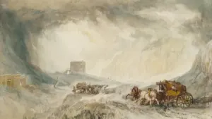J.M.W. Turner painting of a horse-drawn carriage in a dramatic, snowy mountain landscape.