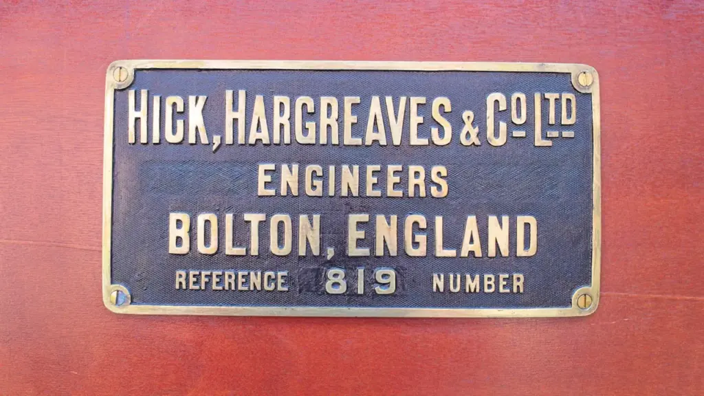 Vintage brass plaque from Hick, Hargreaves and Co Ltd, located in Bolton, England.